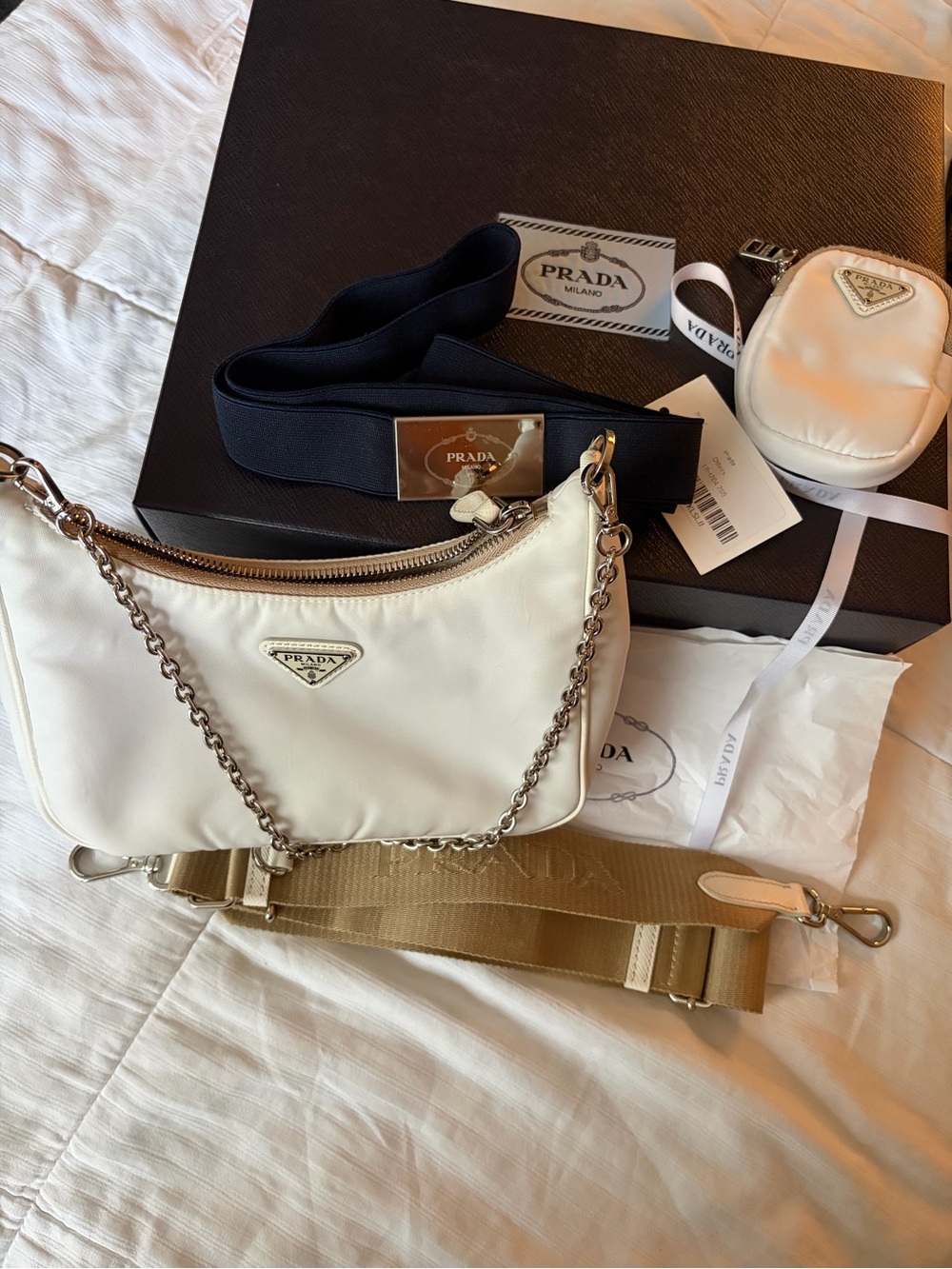 Prada Reedition Nylon Shoulder Bag with Silver Chain and Tan Strap